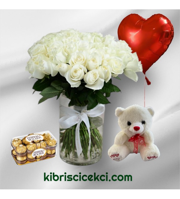 Vazoda 51 Beyaz Gül Ayıcık 16'lı Ferrero Çikolata Kalp Helyum Balon